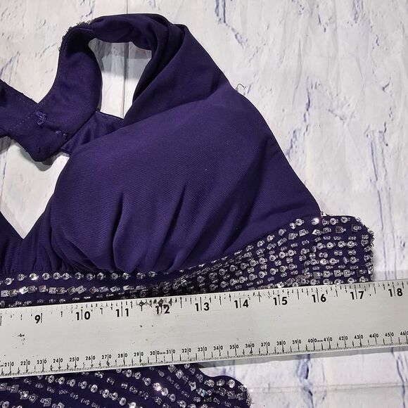 Betsy & Adam WOMENS SIZE 0 Purple Metallic Halter Formal Evening Dress Gown - Picture 5 of 16